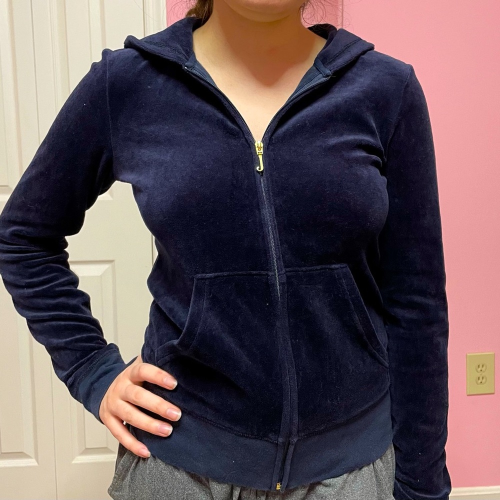 Juicy Couture Y2K rhinestone navy blue velvet Zip Up Hooded Jacket - Picture 3 of 9